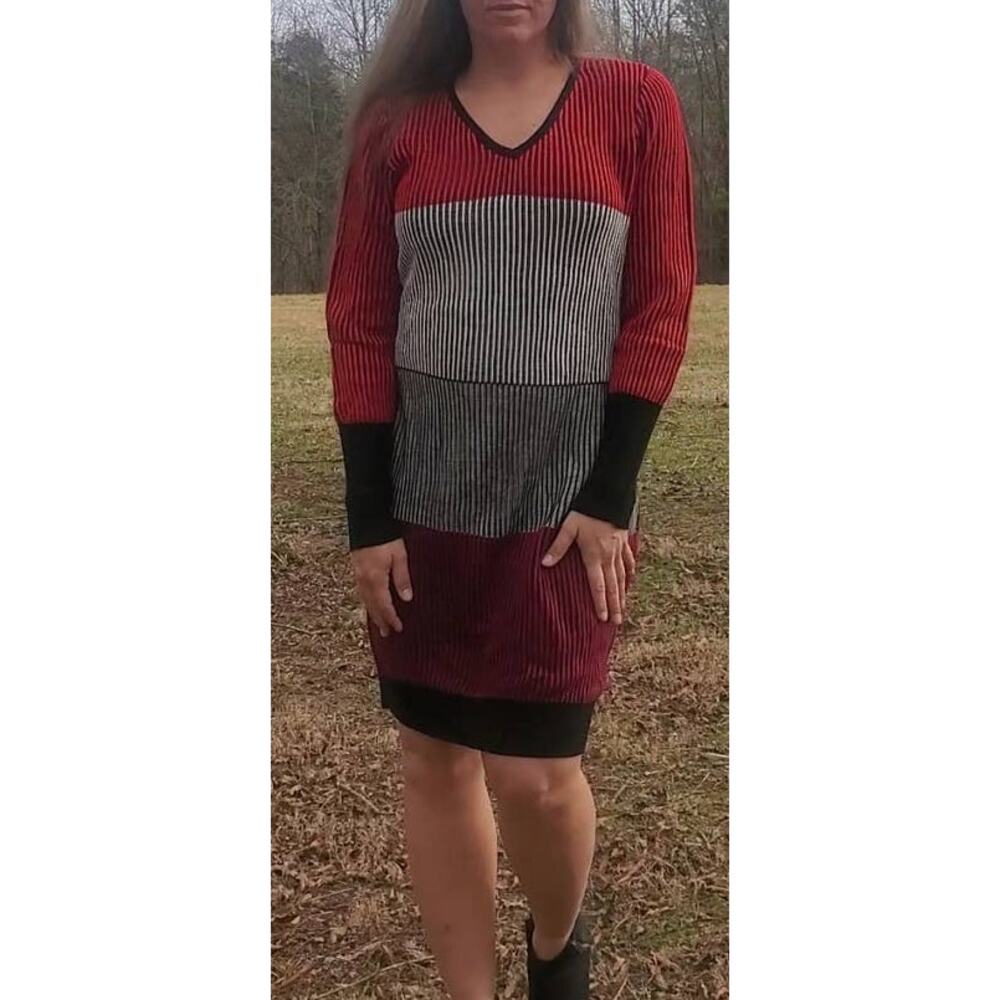 New York & Company Red, Black, and Gray Striped Long Sleeve Dress